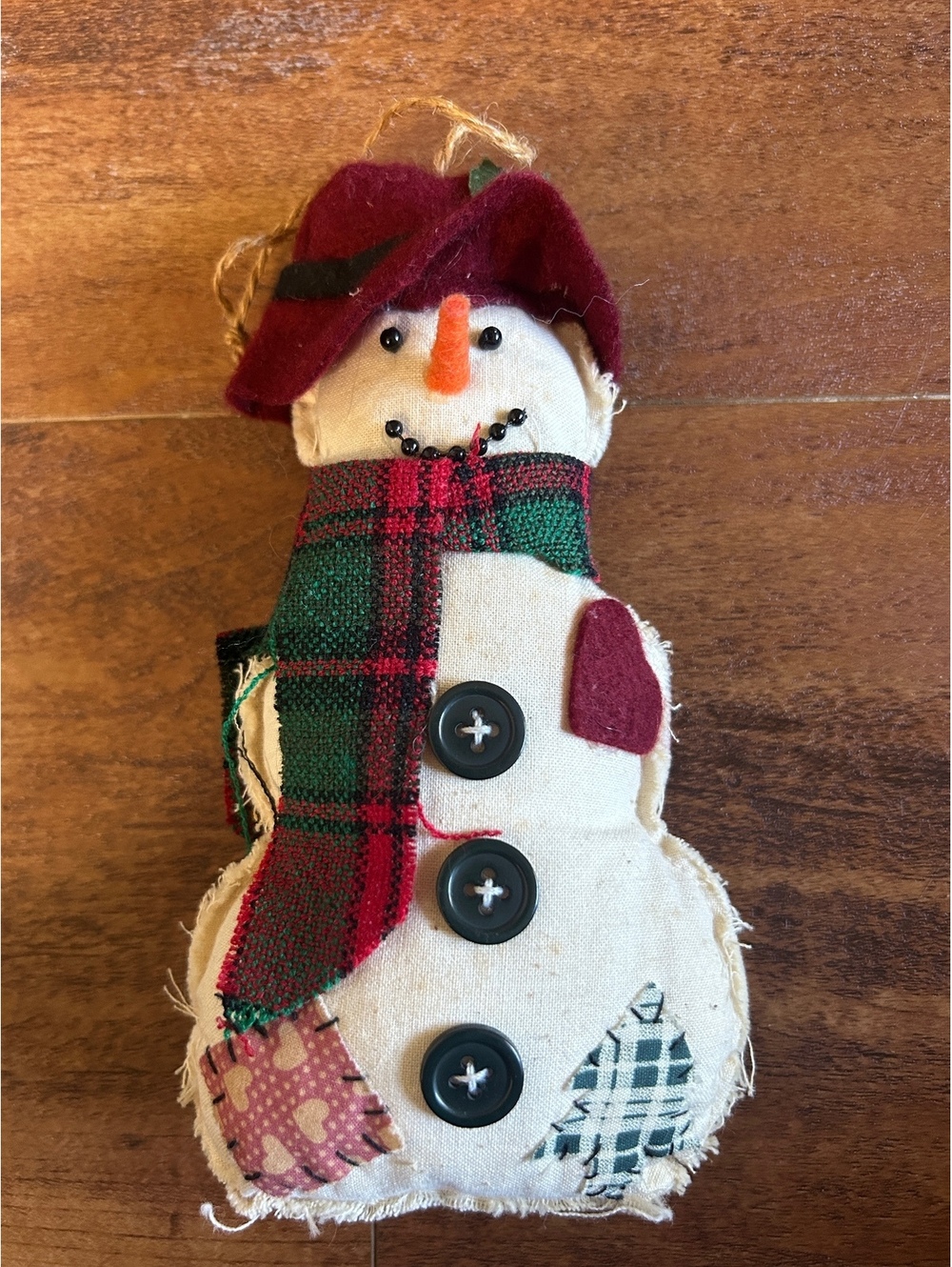 Handmade Rustic Snowman Christmas Ornament with Plaid Scarf and Buttons